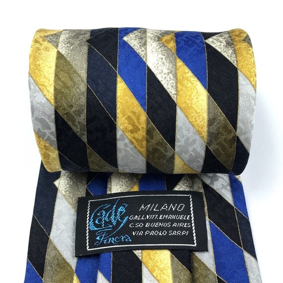 Elegant Striped Zig Zag Abstract Black Blue Yellow Gray 100% Silk Necktie ITALY - Picture 2 of 10